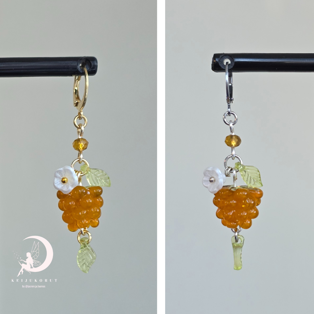 Pair of earrings with cloudberry shaped glass beads, green leaf beads and white flower beads.